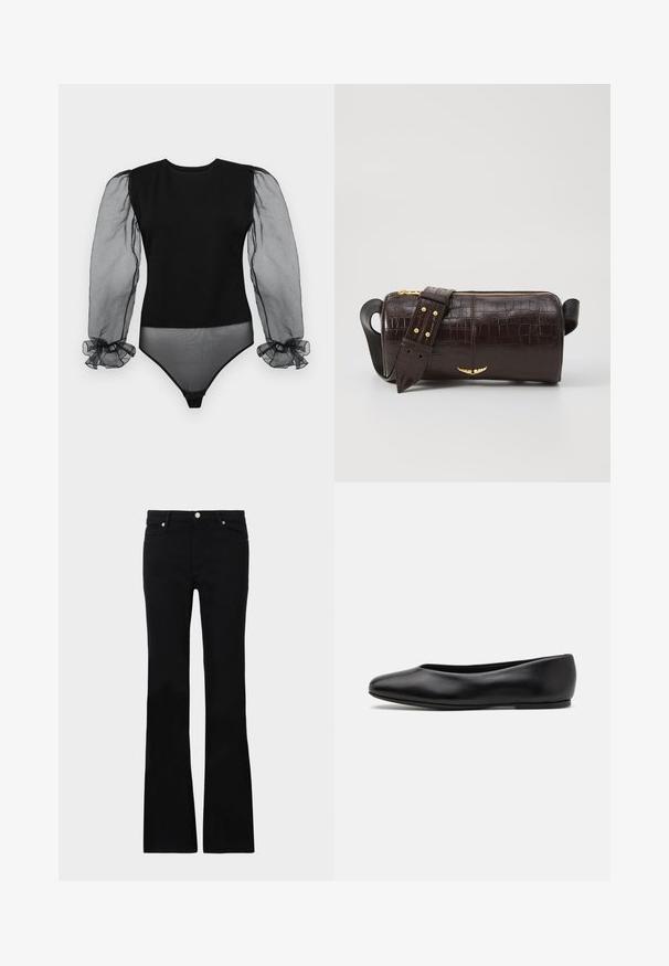 Bodysuit negro que presenta un cuerpo de tela sólida y mangas transparentes y abullonadas con puños con volantes. Textura suave y diseño ajustado.; Pantalones vaqueros de talle ancho en negro, confeccionados en denim, con dos bolsillos frontales, cierre de botón y una textura suave. Costuras distintivas visibles en las costuras.; Paul Smith TOPANGA - Bailarinas - black; Bolso de cuero marrón con estampado de cocodrilo, de forma cilíndrica, con herrajes en tono dorado y una correa desmontable con tachuelas.