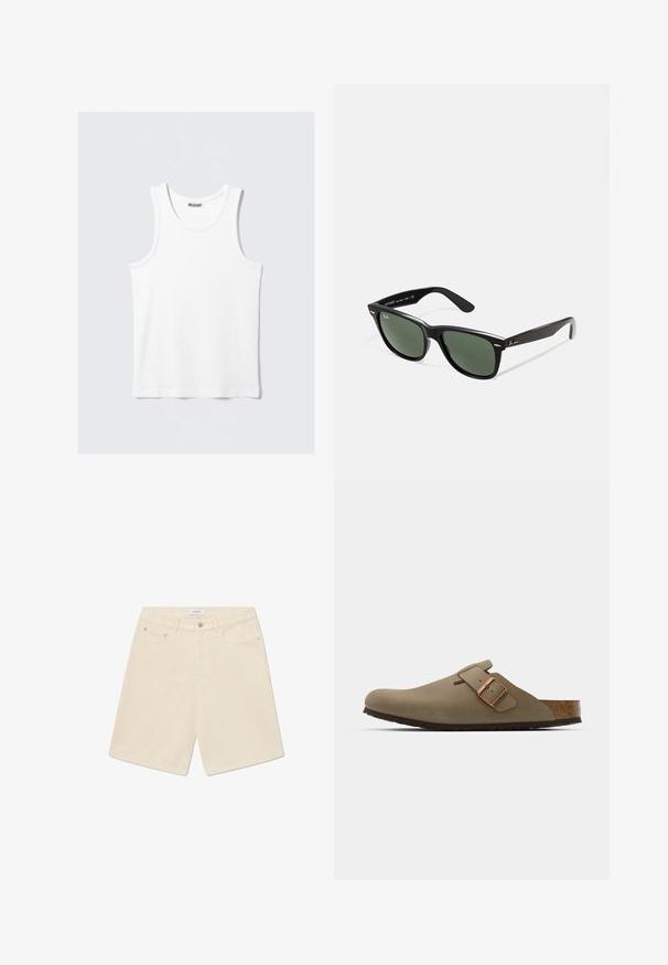 Débardeur blanc avec un col rond et des bretelles larges. Fabriqué dans un tissu lisse et léger, avec un design minimaliste sans motifs.; Shorts en denim beige avec une coupe droite, cinq poches et une étiquette de marque à la taille. Présente une fermeture à bouton et à zip.; Sabots bruns avec une finition lisse et mate. Présente une boucle en bronze proéminente sur le côté. Semelle intérieure en liège et semelle extérieure en caoutchouc pour le confort.; Lunettes de soleil en plastique noir avec verres verts, monture carrée, accent argenté sur le sourcil et branches texturées. Marque indiquée sur l'intérieur de la branche.; Sac fourre-tout noir avec deux longues poignées, fabriqué en tissu lisse. Comprend une poche avant et un design minimaliste. Pas de matériel ou de motifs visibles.