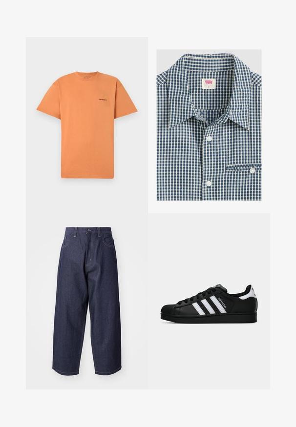 Oranges Baumwoll-T-Shirt mit Rundhalsausschnitt und kurzen Ärmeln. Verfügt über ein kleines gesticktes Carhartt-Logo in Rot und Gelb auf der Brust.; Blau-weiß kariertes Hemd mit Knopfleiste und Kragen, das eine Brusttasche und eine glatte Stofftextur aufweist. Weiße Knöpfe akzentuieren die Vorderseite.; Dunkelblaue Denim-Jeans mit einem lockeren, weiten Schnitt. Zu den Merkmalen gehören ein Knopfverschluss, Fronttaschen und sichtbare Nähte.; Schwarzer Adidas Superstar Sneaker mit weißen Streifen, Schalenzehen und "Superstar"-Schriftzug an der Seite, im Seitenprofil auf weißem Hintergrund dargestellt.