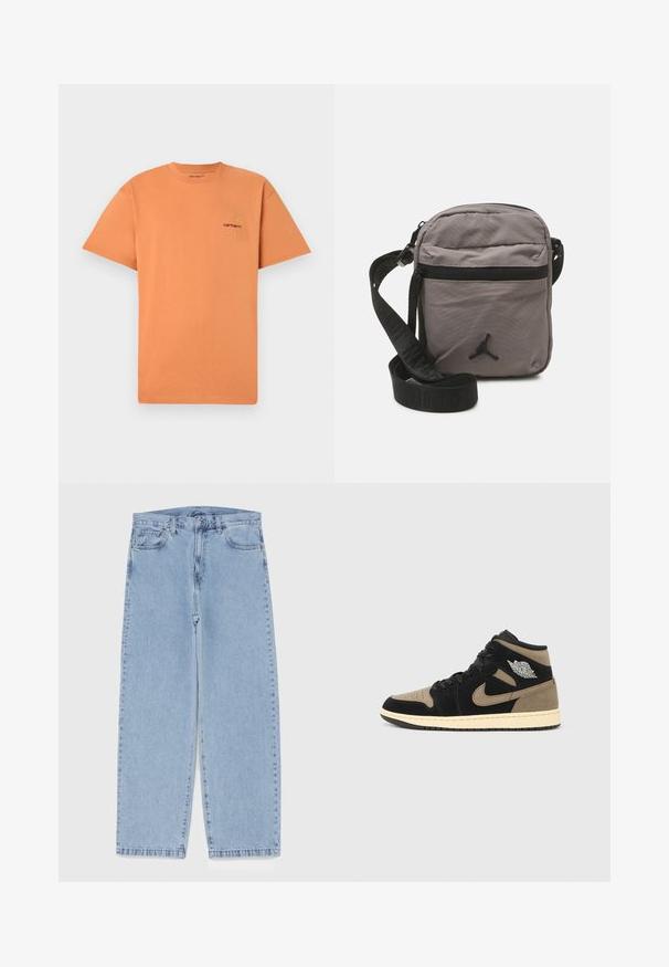 Oranges Baumwoll-T-Shirt mit Rundhalsausschnitt und kurzen Ärmeln. Verfügt über ein kleines gesticktes Carhartt-Logo in Rot und Gelb auf der Brust.; Hellblaue Jeans aus Denim mit geradem Bein, ausgestattet mit einer mittelhohen Taille, fünf Taschen sowie einem Knopf- und Reißverschluss.; High-Top-Sneaker aus schwarzem und braunem Wildleder, mit perforierter Spitze, beigem Zwischensohle, schwarzen Schnürsenkeln und einem silbernen Logo an der Seite.; Graue Nylon-Crossbody-Tasche mit einem Reißverschluss-Frontalfach, verstellbarem schwarzen Tragegurt und schwarzem Logoakzent auf der Vorderseite. Kompaktes und leichtes Design.; Marineblaue Rucksack mit roten Akzenten, mehreren Reißverschlussfächern, Logopatches und verstellbaren Riemen. Hergestellt aus strapazierfähigem Gewebe.