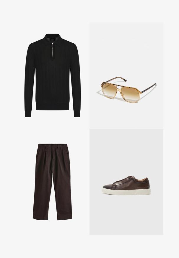 Czarna dzianinowa koszulka polo z długim rękawem i zamkiem przy szyi. Posiada strukturalny splot oraz jednolite czarne mankiety i dół.; Next REGULAR FIT brązowy; Brązowe skórzane trampki z zaokrąglonym noskiem, kontrastującą białą gumową podeszwą, stębnowanymi akcentami i bez widocznych sznurówek. Gładka tekstura ogólna.; Okulary przeciwsłoneczne w kolorze żółwia z prostokątną oprawką, brązowymi soczewkami w gradientzie i eleganckimi czarnymi zausznikami z subtelnymi akcentami logo.
