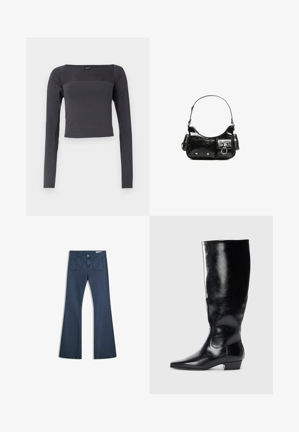 Langärmliges, kurzes Oberteil aus dunkelgrauem Stoff mit glatter Textur. Es hat einen quadratischen Ausschnitt und eine eng anliegende Passform.; Dunkelblaue, ausgestellte Jeans aus Denim mit genähten Taschen, einem Knopfverschluss und einer glatten Textur. Mit einem klassischen Fünf-Taschen-Design.; Schwarze Lederstiefel bis zum Knie mit glänzender Oberfläche, spitzer Zehenpartie und niedrigem Blockabsatz. Verfügt über eine glatte Textur und minimalistisches Design.; Schwarze Lackleder-Handtasche mit geschwungenem Design, einem Schulterriemen, Vordertaschen und silberfarbenen Hardware-Akzenten.