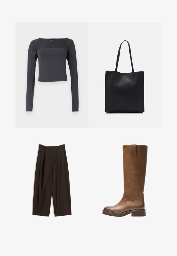 Dugih rukava, skraćeni top od tamnosivog materijala s glatkom teksturom. Sadrži kvadratni izrez i uski dizajn.; Tamno smeđe široke hlače s visokim strukom, s jednim dugmadi na zakopčavanju i pregibom sprijeda. Izrađene od laganog materijala.; Smeđe kožne čizme do koljena s zaobljenim nosom, teksturiranom površinom i niskim debljim potplatom. Imaju bočni panel i povlačnu traku na vrhu.; Crna kožna torba za nošenje s glatkom teksturom, pravokutnim oblikom i dvije duge ručke. Nema vidljivih metalnih dijelova ili ukrasa.
