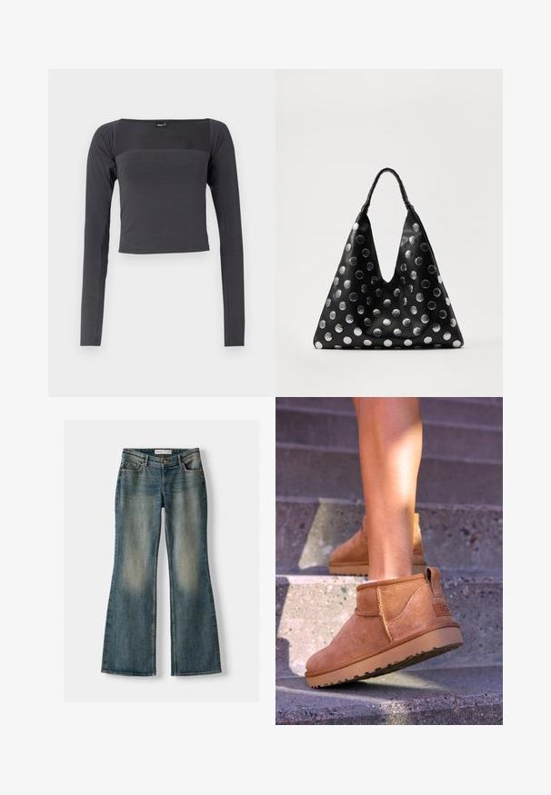 Dlouhý rukáv, zkrácený top v tmavě šedé látce s hladkou texturou. Má čtvercový výstřih a přiléhavý střih.; Modré zvonové džíny se zesvětleným práním, pěti kapsami a zapínáním na knoflík. Materiál vykazuje denimovou strukturu s jemnými detaily šití.; Světlé semišové kotníkové boty s měkkou strukturou, prošívanými detaily a gumovou podrážkou, s okrouhlým podpatkem pro snadné obouvání.; Černá kožená taška trojúhelníkového tvaru, zdobená stříbrnými kovovými puntíky a texturovanou rukojetí. Celkově hladký povrch.