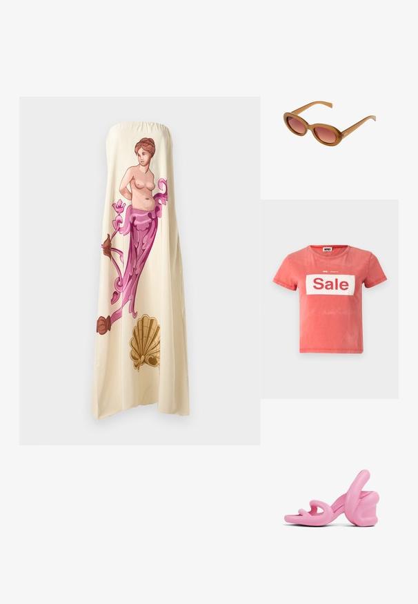 Red short-sleeve t-shirt made of cotton, featuring a white box with "Sale" in bold red lettering, and a round neckline.; Strapless cream dress featuring a large, colorful illustration of a classical figure with floral accents in pink and brown, showcasing a flowing design.; Pink sculptural high-heeled sandals featuring a wavy design and a chunky heel, made of smooth plastic with cutouts in the toe area.; Brown plastic sunglasses with an oval shape and gradient pink lenses. Features thin, sleek arms and a subtle logo on the side.; Silk square scarf featuring a vibrant abstract pattern in red, pink, and green, bordered with a deep burgundy trim.