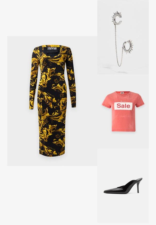 Red short-sleeve t-shirt made of cotton, featuring a white box with "Sale" in bold red lettering, and a round neckline.; Black long-sleeve dress with a fitted silhouette, featuring golden floral patterns and a square neckline, made of smooth fabric.; Black patent leather high-heeled mule with a pointed toe and a sleek silhouette, featuring an open back and a slender stiletto heel.; Black leather handbag with a curved design, featuring silver studs, a buckle, and two side pockets. Adjustable strap for carrying options.; Silver earrings featuring a spiked design; one earring is a C shape, connected by a chain to a round hoop with spikes.
