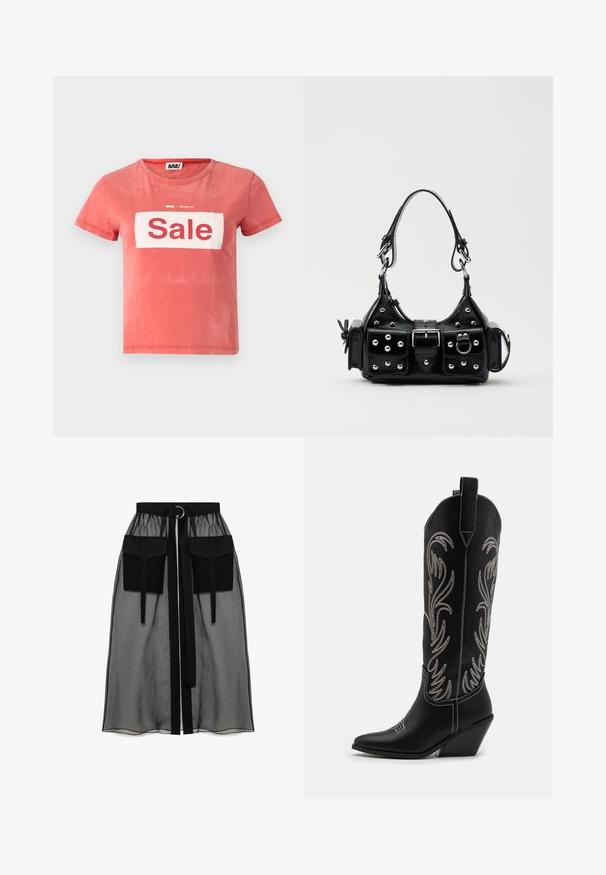 Rode t-shirt met korte mouwen van katoen, met een witte doos met "Sale" in vetgedrukte rode letters, en een ronde halslijn.; Zwarte doorschijnende rok met een verzameld tailleband, voorzien van twee grote voorzakken, een tailleband met strik en een ronde metalen accent.; Zwarte leren cowboylaarzen met spitse neuzen, wiggenhakken en zilver geborduurde bloemmotieven langs de schacht. Contrasterende stiksels overal.; Zwarte lederen handtas met een gebogen ontwerp, voorzien van zilveren studs, een gesp en twee zijvakken. Verstelbare schouderband voor verschillende draagmogelijkheden.