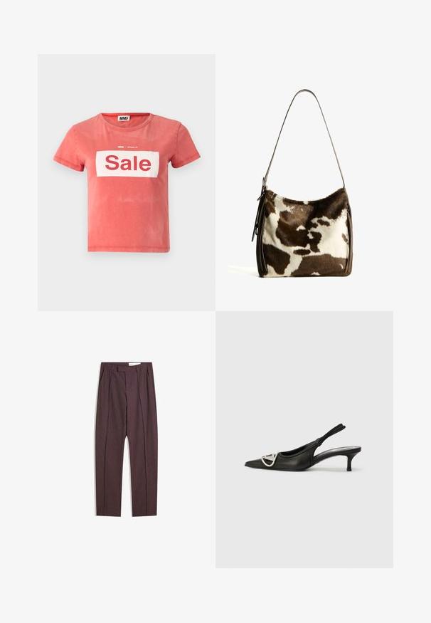 Červené tričko s krátkym rukávom vyrobené z bavlny, s bielym rámom s nápisom "Sale" tučným červeným písmom a okrúhlym výstrihom.; Fialové pruhované nohavice s plisovaním, s vysokým pásom a rovnými nohavicami. Vyrobené z hladkej, textúrovanej tkaniny.; Čierna kožená sandálová obuv s špicatou špičkou, so strieborným logom a malým podpätkom. Hladká textúra a minimalistický dizajn.; Hnedo-krémová kravská koža cez plece s hladkým koženým remienkom, zipsovým uzáverom a mäkkým, textúrovaným povrchom s prírodným vzorom.