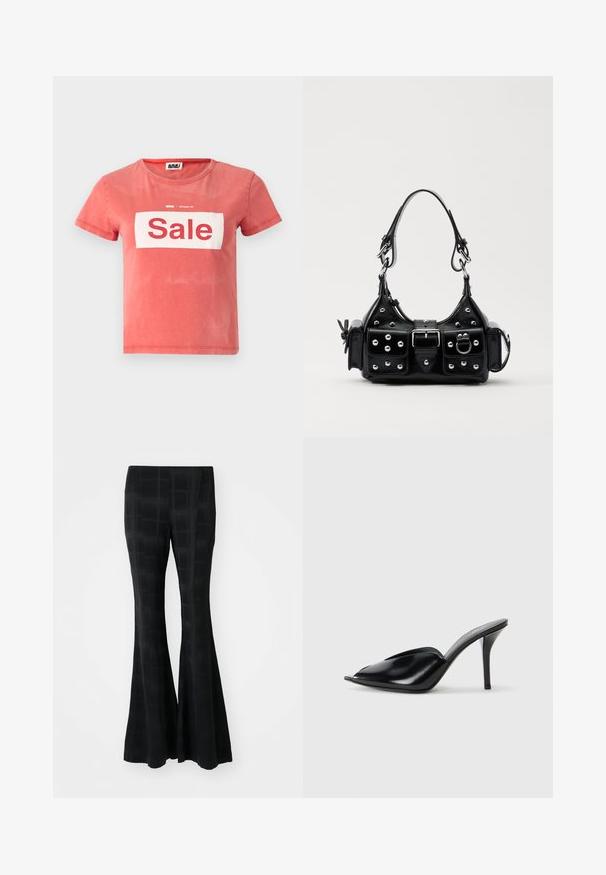 Red short-sleeve t-shirt made of cotton, featuring a white box with "Sale" in bold red lettering, and a round neckline.; Black flared trousers made from a smooth material, featuring a checked pattern that creates a subtle texture and tailored fit.; Black leather high-heeled mules with an open toe, pointed design, smooth texture, and a slim stiletto heel.; Black leather handbag with a curved design, featuring silver studs, a buckle, and two side pockets. Adjustable strap for carrying options.