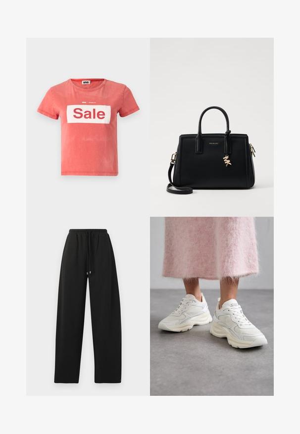 Piros, rövid ujjú póló, amely pamutból készült, fehér négyzettel, rajta vastag piros betűkkel a "Kiárusítás" felirattal, kerek nyakkivágással.; Fekete, laza fazonú melegítőnadrág, rugalmas derékrésszel, húzózsinórral és oldalsó varrással. Puha, sima anyagból készült.; Fehér sportcipők hálós és bőr anyagból, lekerekített orral és párnázott talppal. Felsőrészen fűzők és márkanevével ellátott nyelv található.; Fekete bőr kézitáska strukturált dizájnnal, dupla felső fogantyúkkal, levehető vállpánttal, arany színű fémrészletekkel és logómedál díszítéssel.