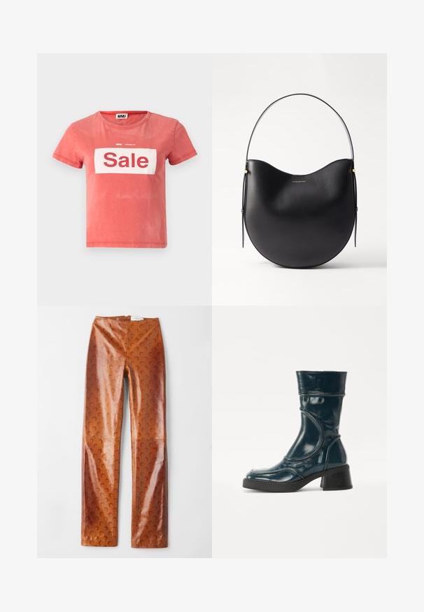 Czerwona koszulka z krótkim rękawem, wykonana z bawełny, z białym prostokątem z napisem "Wyprzedaż" na czerwono wytłuszczonym fontem oraz okrągłym dekoltem.; Brązowe spodnie z faux skóry o teksturowanej powierzchni z wzorem w półksiężyce, wysoki stan oraz prosta sylwetka nogawek.; MIISTA MALENE granatowy; Czarna skórzana torba na ramię o zakrzywionym kształcie, cienkim uchwycie i subtelnych złotych akcentach. Gładka faktura z minimalistycznym designem.