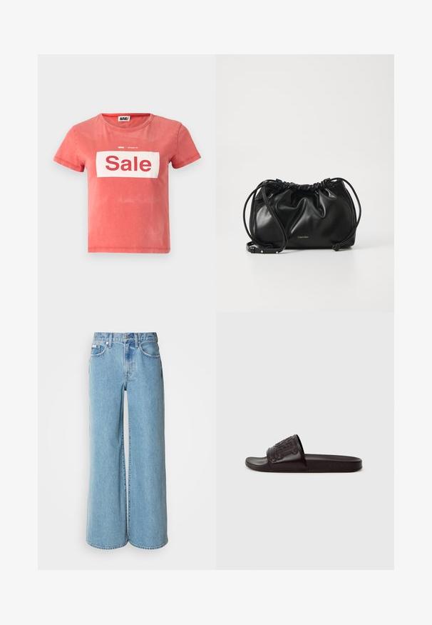 Rode t-shirt met korte mouwen van katoen, met een witte doos met "Sale" in vetgedrukte rode letters, en een ronde halslijn.; Lichtblauwe wijde jeans van denim, met een hoge taille, vijf pockets en subtiele vervaging langs de stof.; Zwarte schuif sandaal met een gestructureerde bovenkant en een reliëfontwerp, platte zool en een gladde afwerking. Gemaakt van synthetische materialen.; Zwarte leren handtas met geplooid ontwerp, dubbele trekkoordsluiting en afneembare schouderband. Voorzien van metallic logo detail.