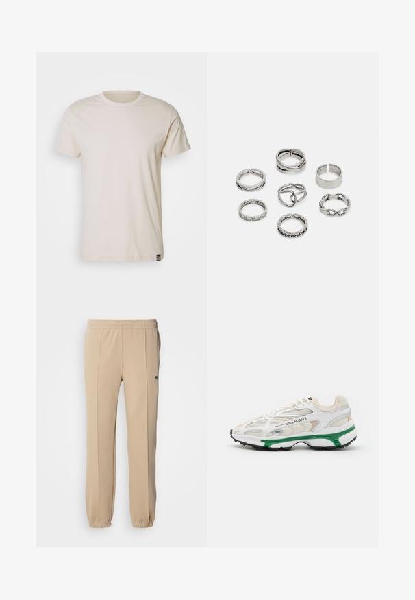 Mads Nørgaard THOR TEE - T-shirts basic - oatmeal; Lacoste Træningsbukser - viennese; Hvide sneakers med grønne accenter og sort gummisål. Har mesh- og syntetiske paneler med en struktureret overflade og synlige sømme.; Sæt af syv sølvringe med forskellige designs, herunder snoede, sammenkoblede og graverede mønstre. Forskellige former og bredder.
