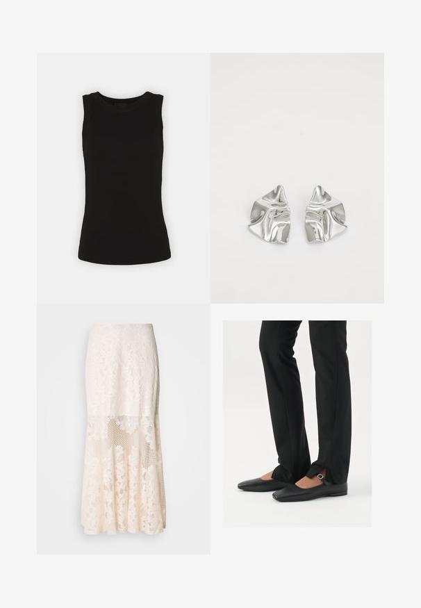 Svart ermeløs tanktop laget av ribbet bomull, med rund hals og en tettsittende silhuett.; Blomsterbroderi midi skjørt i krem; har lagd design med gjennomsiktige seksjoner, teksturert blonde og flared kant.; Svart skinnballett-sko med spiss tå, stropp med sølvspenne, kombinert med svarte skreddersydde bukser med splitt i kanten.; Sølvmetall øredobber med et bølgete, skulpturelt design, preget av en polert finish og uregelmessige former, som fremhever en moderne estetikk.