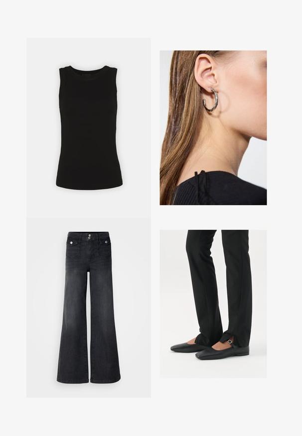 Črna brezrokavna majica iz rebrastega bombaža, z zaobljenim ovratnikom in prilegnjeno silhueto.; Črne široke kavbojke iz denima z visokim pasom, sprednjim gumbom in dvema sprednjima žepoma; gladka tekstura z rahlim bledečim učinkom.; Črne usnjene balerinke s koničastim nosom, trak z srebrno zaponko, v kombinaciji s črnimi elegantnimi hlačami z razporkom na robu.; Srebrna obročasta uhana s polirano površino, ki vključuje majhne zlate poudarke in okroglo obliko, nošena na ušesnem lobu.