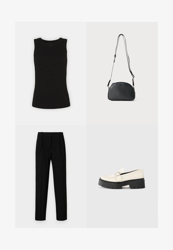 Black sleeveless tank top made of ribbed cotton, featuring a rounded neckline and a fitted silhouette.; Black tailored trousers with a straight fit, pleated front, polished fabric, and a medium waistband. No visible pockets or hardware details.; White leather loafer with a chunky black platform sole, featuring a rectangular silver buckle and visible stitching detail on the upper.; Black leather crossbody bag with a rounded shape, two adjustable straps, and a subtle logo on the front. Textured exterior, minimalistic design.