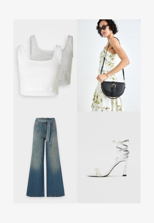 Két levágott pántos felső: az egyik fehér, bordázott anyagú; a másik világosszürke, melíros textúrájú. Mindkettő széles pántokkal és lekerekített nyakkivágással rendelkezik.; Bőszárú farmernadrág, világos és sötétkék árnyalatokkal, magas derekú, övgyűrűkkel és a nadrággal megegyező anyagú övvel. Textúrált farmer kivitel.; Ezüst színű, magas sarkú szandál, csillogó pánt dizájnnal, gyöngyszerű díszítéssel és spirális bokapánttal a biztos illeszkedés érdekében.; Fekete bőrtáska ívelt formával, levehető pánttal és arany színű fémrészekkel. A táskán egy csattal díszített fedél található.