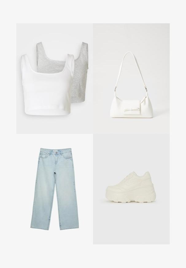 Dva skrajšana topa brez rokavov: en bel, rebrast material; drugi svetlo sivo, melirano teksturo. Obe imata široke naramnice in zaobljen ovratnik.; Svetlo modri široki jeans iz denima, z visokim pasom, petimi žepi in rahlim bledenjem. Ravno krojen s obdelanimi robovi.; Bele platformske tene z belim zgornjim delom, ki spominja na usnje, okroglo obliko, oblazinjen ovratnik ter gumo z teksturo na podplatu z izrazitimi profili.; Bela sintetična torbica v obliki trikotnika, z ravnim sprednjim poklopcem in detajlom mašne, nastavljivim trakom, gladko teksturo in minimalističnim dizajnom.