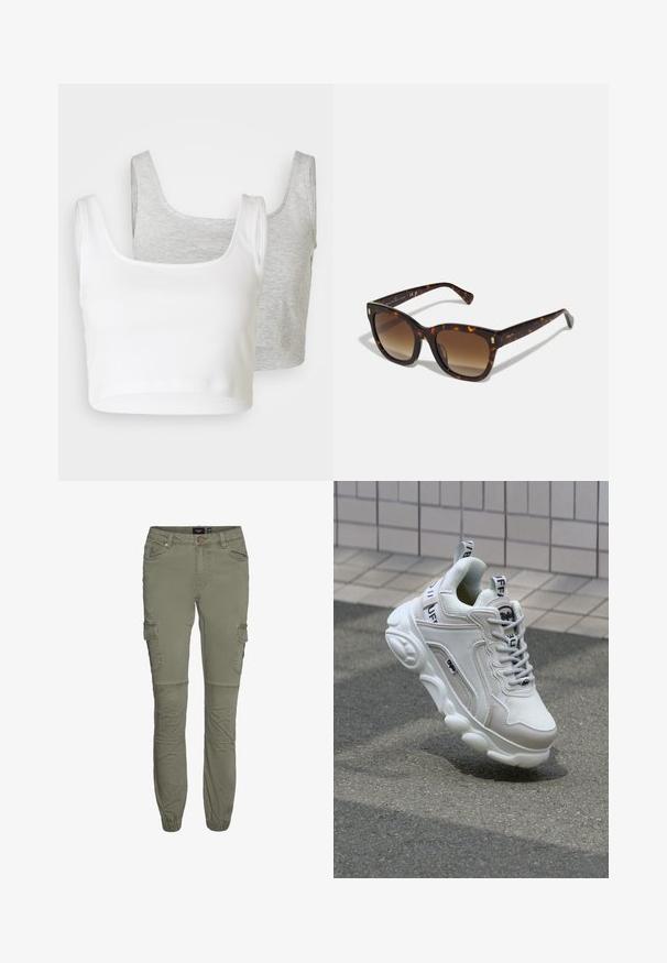 Kaksi leikattua toppia: yksi valkoinen, ribatusta kankaasta; yksi vaaleanharmaa, heikennetty rakenne. Molemmissa on leveät hihnat ja pyöreä kaula-aukko.; Vihreät cargo-housut kestävästä puuvilla-sekoitteesta, joissa on kavennetut lahkeet, useita taskuja ja polvitaskut lisäämään liikkuvuutta.; Valkoiset tennarit, joissa on verkko- ja nahkamateriaaleja, pyöreä kärki, paksu pohja, erottuvat nauhat sekä brändäys kantapäässä ja kielessä.; Kilpikonnakuoriset neliönmuotoiset aurinkolasit, joissa on liukuväriset ruskeat linssit, kultaiset yksityiskohdat temples ja paksu, kiiltävä kehys.