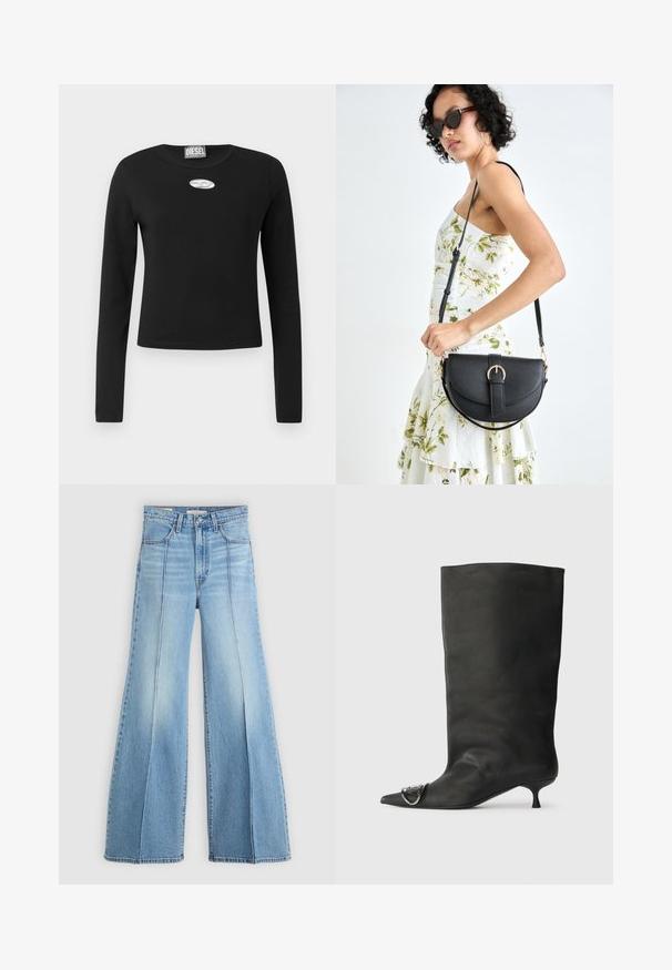 Black long-sleeve t-shirt made of cotton with a round neckline, featuring a silver oval logo positioned at the center front.; Light blue high-waisted jeans with wide legs, front and back pockets, belt loops, and vertical seam details on the front.; Black leather ankle boot with a pointed toe, small heel, and metallic accent detail on the toe. Smooth, matte texture throughout.; Black leather handbag with a curved shape, detachable strap, and gold hardware. The bag features a flap with a buckle detail.