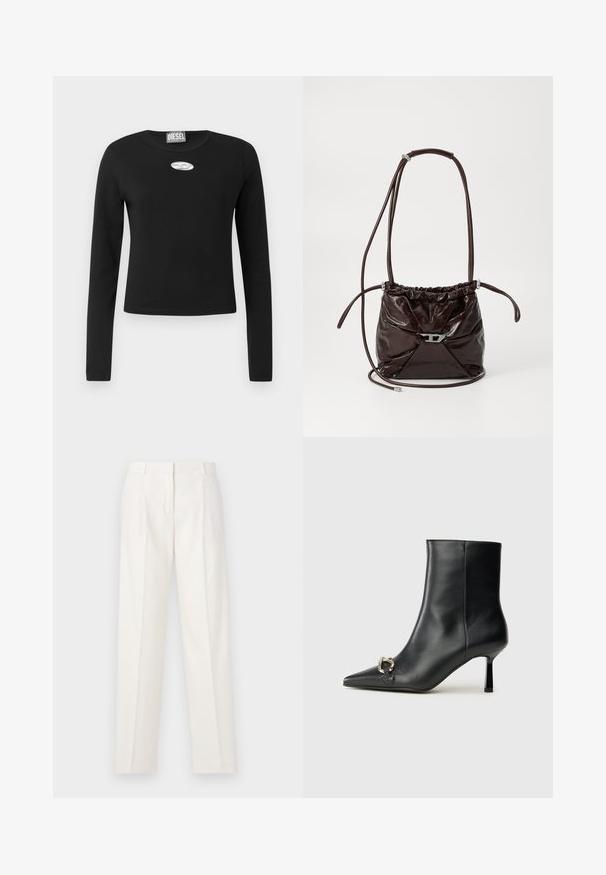 Camiseta negra de manga larga hecha de algodón con cuello redondo, que presenta un logo ovalado plateado situado en el centro frente.; Pantalones blancos de lino, con corte recto, pinzas dobles en la parte frontal y una textura suave. Sin bolsillos visibles ni herrajes.; Botín negro de cuero hasta el tobillo con punta afilada, tacón delgado de altura media y detalle de hebilla plateada en el lateral, sobre un fondo liso.; Bolso de hombro de cuero brillante marrón oscuro con parte superior fruncida y correa delgada ajustable, que presenta un pequeño detalle de cierre en tono plateado en la parte delantera.