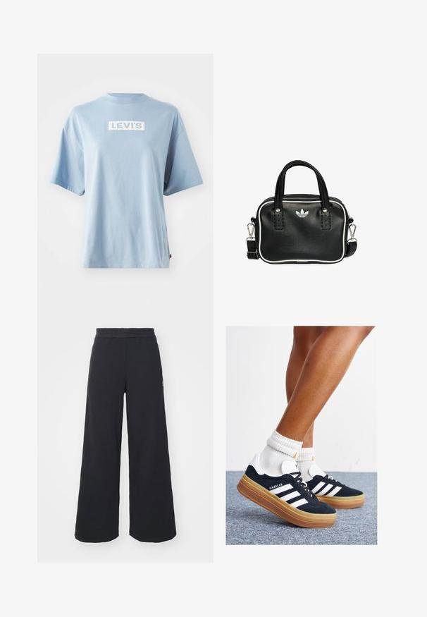 Light blue cotton t-shirt with short sleeves, featuring a white rectangular "LEVI'S" logo on the front and a loose fit design.; Black wide-leg sweatpants made from soft fabric, featuring an elastic waistband and a small logo on the left side.; Black suede sneakers with white stripes and accents, rounded toe, gum rubber outsole, paired with white ribbed crew socks.; Black leather handbag with two short handles, silver hardware, white accents, and a white logo. Features a textured surface and compact design.