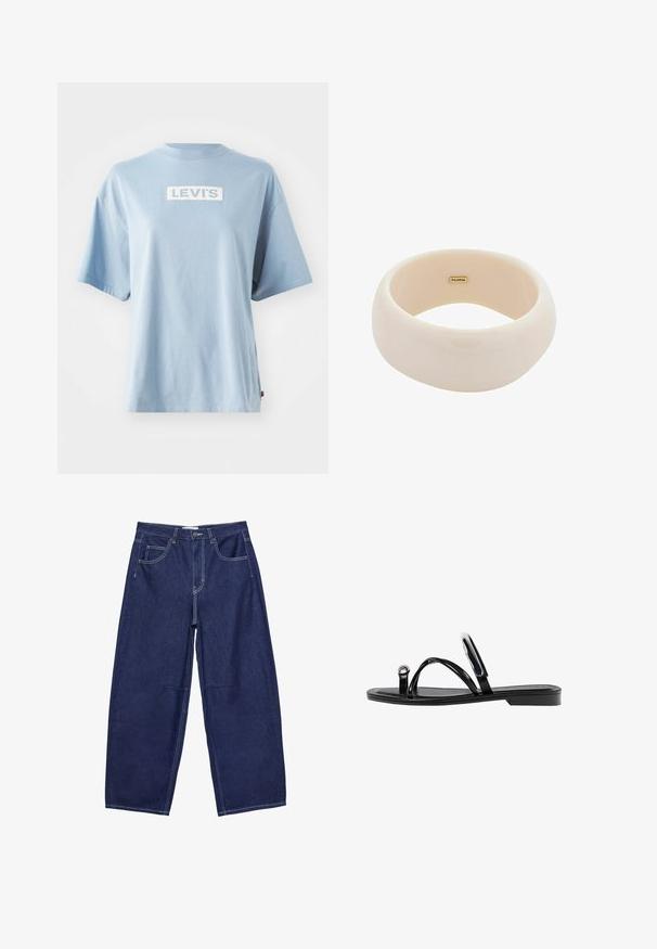 Lyseblå bomulds t-shirt med korte ærmer, med et hvidt rektangulært "LEVI'S" logo på forsiden og en løs pasform.; Mørkeblå denim bukser med brede ben og høj talje, fem lommer og kontrasterende hvid syning. Glat tekstur, klassisk design.; Sorte flade sandaler med en blank finish, tre tynde stropper og en cirkulær hardwaredetalje ved tæerne. Slankt design med en minimal hæl.; Blanket beige bangle lavet af glat harpiks. Rund form med en ensartet overflade og et lille guld logo indeni.