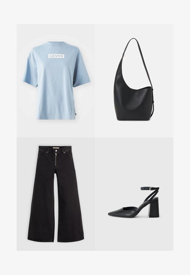 Világoskék pamut póló rövid ujjakkal, az elején egy fehér téglalap alakú "LEVI'S" logóval és laza sziluettel.; Fekete denim széles szárú farmer, cipzáros elejével, öt zsebes kialakítással és diszkrét varrással. Sima textúra és laza stílus.; Fekete bőr, hegyes orrú magassarkú cipő boka pánttal és vastag sarokkal. Sima textúra, elegáns dizájn és minimális esztétika.; Fekete bőr hobo táska sima textúrával, ívelt formával és egyetlen állítható pánttal; széles nyílás található a tetején.