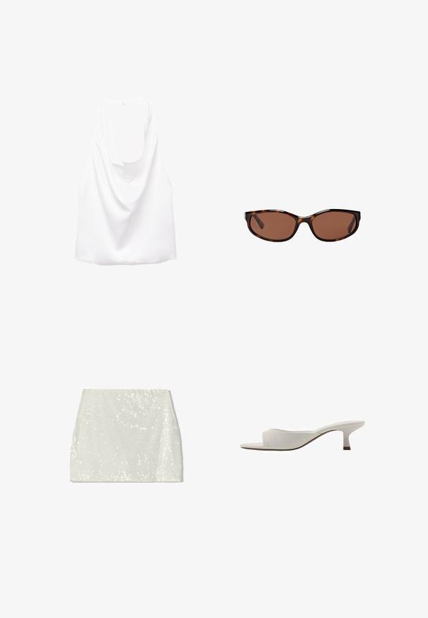 White sleeveless top with a draped back, made of smooth fabric. Features a rounded neckline and a loose, relaxed fit.; Bershka A-line skirt - white; White open-toed mules with a curved design, low heel, smooth texture, and a subtle stitched pattern. Brown accent on heel base.; Tortoiseshell sunglasses with brown lenses, sleek oval shape, and glossy finish. Features subtle silver accents on the frames.
