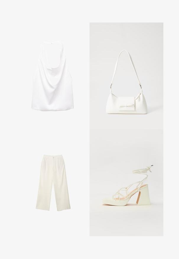 Top bianco senza maniche con schiena drappeggiata, realizzato in un tessuto liscio. Presenta un collo rotondo e una vestibilità ampia e rilassata.; Pantaloni a gamba larga in tessuto crema con una texture liscia, caratterizzati da un singolo bottone frontale, pieghe sottili e un design a vita alta.; Sandalo bianco con tacco alto, caratterizzato da un design a cinturini e un legaccio alla caviglia. Texture liscia con una piattaforma frontale per un'altezza aggiuntiva.; Borsa sintetica bianca a forma triangolare, con patta anteriore piatta e dettaglio a fiocco, tracolla regolabile, texture liscia e design minimalista.
