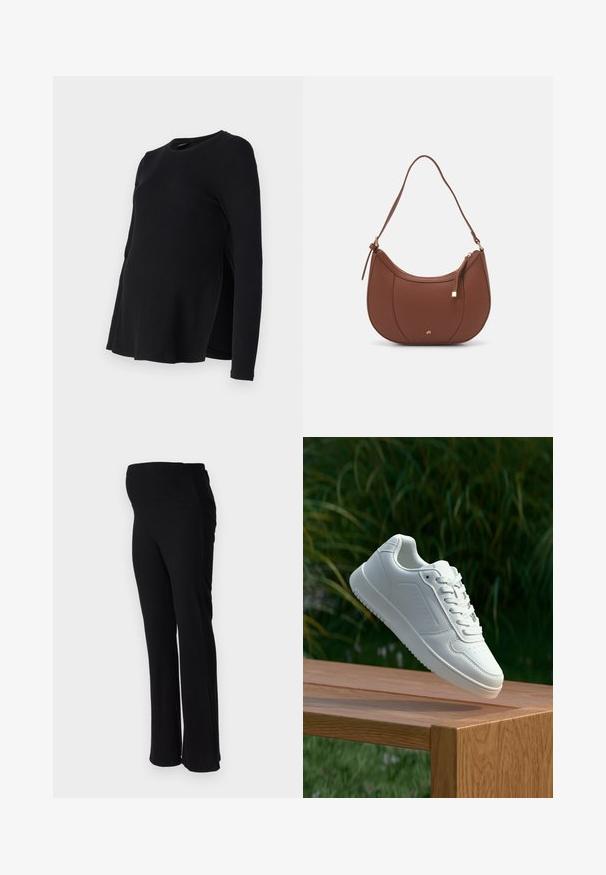 ONLY MATERNITY OLMHALLE - Pikkade varrukatega topp - black; ONLY MATERNITY OLMHALLE - Püksid - black; Valged sneakerd, millel on sile sünteetiline ülemine osa, väikeste aukudega varvaskast, lamedad paelad ja tekstuuriga tald, eksponeeritud puidust pinnal.; Pruun faux nahast õlaline kott, millel on kaarjas kuju, minimaalne õmblemine ja kuldse tooni metallist aksessuaar. Omab ülemist tõmblukku ja reguleeritavat rihma.