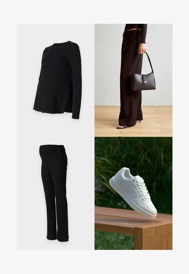 ONLY MATERNITY OLMHALLE - Tops ar garām piedurknēm - black; ONLY MATERNITY OLMHALLE - Auduma bikses - black; Baltie sporta apavi ar gludu sintētisku augšpusi, perforētu pirkstu daļu, plakani šņorēm un rakstainu zoli, novietoti uz koka virsmas.; Melnā somiņa ar strukturētu formu, gludu tekstūru un metālu sprādzi. Saskaņota ar platām melnām biksēm un sandālēm ar atvērtu purngalu uz koka grīdas.