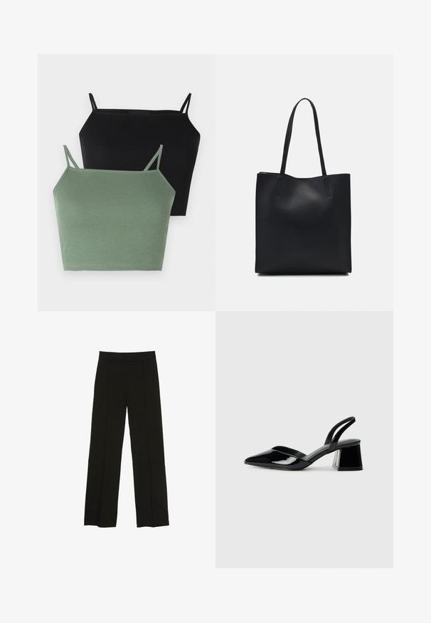 Twee geribde topjes: een in zwart en een in saliegroen, met dunne verstelbare bandjes en een aansluitende pasvorm.; Zwarte wijde pantalon gemaakt van een soepele stof, met een aansluitende tailleband en subtiele plooien aan de voorkant voor extra textuur.; Zwarte gepatineerde leren slingback hakken met een spitse neus en een geometrische blokhak. Kenmerkt zich door een slank, minimalistisch ontwerp en een gladde textuur.; Zwarte leren handtas met een gladde textuur, rechthoekige vorm en twee lange handvaten. Geen zichtbare hardware of versieringen.