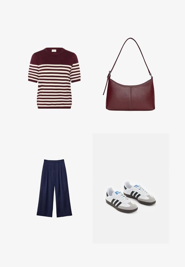 Burgundy ja kerma värvi triibuline kudumisülikond lühikeste varrukate, ümmarguse kaeluse ja pehme tekstuuriga, millel on ühtlaselt jaotatud horisontaalsed triibud.; Tumma sininen leveälahkeinen housu, jossa on pleateja, napillinen vyötärö ja vyölenkit, esiteltynä litteänä valkoista taustaa vasten.; Urheilukengät, joissa on valkoinen nahkainen päällinen, harmaa mokkanokka ja kolme mustaa raitaa. Ominaisuuksina sininen logo kielekkeessä ja kuvioitu kumipohja.; Maroon-värinen nahkalaukku, jossa on kaareva muoto, yksi olkahihna ja keskellä ommeltu yksityiskohta. Sileä pinta, minimaalinen varustelu.