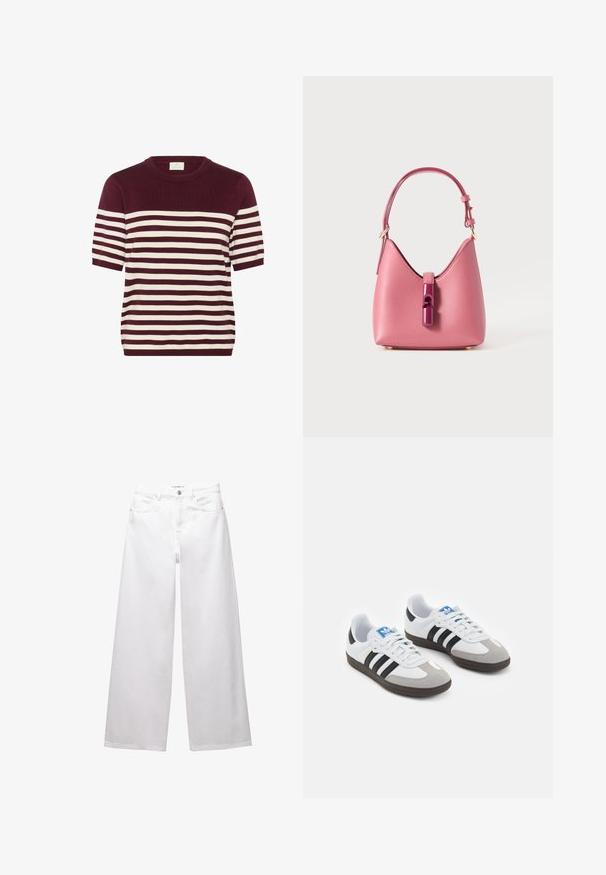 Bordový a krémový pruhovaný pletený top s krátkymi rukávmi, okrúhlym výstrihom a mäkkou štruktúrou, s rovnomerne rozloženými horizontálnymi pruhmi.; Biele široké džínsy vyrobené z denimu. Obsahujú zapínanie na gombík, predné a zadné vrecká a prešité švy. Hladká textúra s minimálnym zdobením.; Športové topánky s bielym koženým zvrškom, šedou semišovou špičkou a tromi čiernymi pruhmi. Obsahujú modré logo na jazyku a štruktúrovanú gumovú podrážku.; Ružová kožená kabelka so štruktúrovaným tvarom, vybavená lesklým zatváraním a jedným nastaviteľným popruhom. Textúrovaný povrch s zlatými kovovými detailmi.