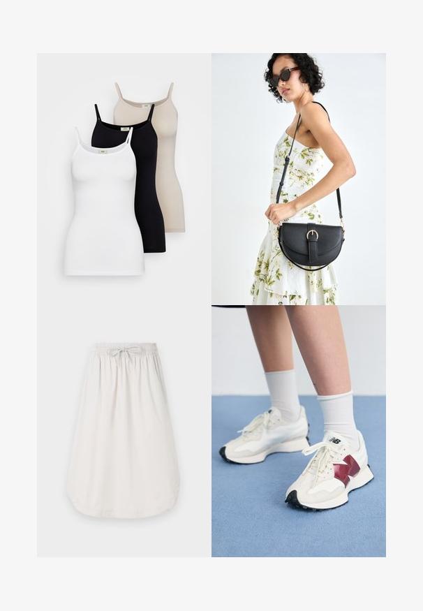 Tričko bez rukávov pre ženy v bielej, čiernej a nahé farbe. Vyrobené z hladkej bavlny, s tenkými ramienkami a priliehavým strihom.; New Balance sukňa v tvare A - grey matter; Pár bielych tenisiek s bordovými akcentmi, štruktúrovanými panelmi, plochou čiernou podrážkou a svetlými šnúrkami, nosených s bielymi členkovými ponožkami.; Čierna kožená kabelka s zaobleným tvarom, odnímateľným popruhom a zlatými doplnkami. Kabelka má klopu s detailom s prackou.