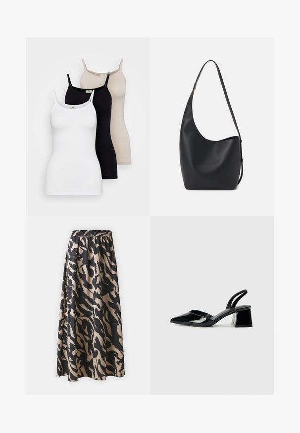 Három női felső, fehér, fekete és nude színekben. Simogatós pamutból készült, vékony pántokkal és testhez álló fazonnal rendelkezik.; Fekete és bézs színű, hosszú szoknya rugalmas derékkal, absztrakt állatmintás motívummal és lebegő szilhuettel.; Fekete lakk bőr szandálkés magas sarkú cipő, hegyes orral és geometrikus tömbsarkakkal. Karcsú, minimalista dizájn és sima textúra jellemzi.; Fekete bőr hobo táska sima textúrával, ívelt formával és egyetlen állítható pánttal; széles nyílás található a tetején.