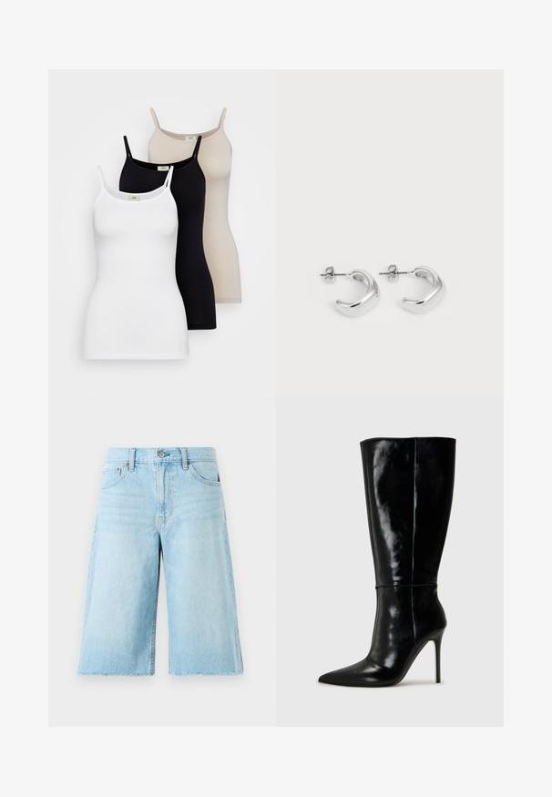 Tri majice bez rukava za žene u bijeloj, crnoj i nude boji. Izrađene od glatkog pamuka, imaju tanke naramenice i uski kroj.; Svijetloplave traperice kratke hlače s opuštenim krojem, raspadnuto rub, pet džepova i metalnim dodacima. Klasičan dizajn traperica s blagim izblijeđenjem.; Crne kožne čizme do koljena s oštrim vrhom i visokim stiletto potpeticama. Glatka tekstura i sofisticirani dizajn, s minimalnim detaljima.; Srebrni obruči za uši s glatkom, poliranom površinom. Okrugli oblik s blago zakrivljenim dizajnom i spojenim rubovima. Zatvaranje na klin.