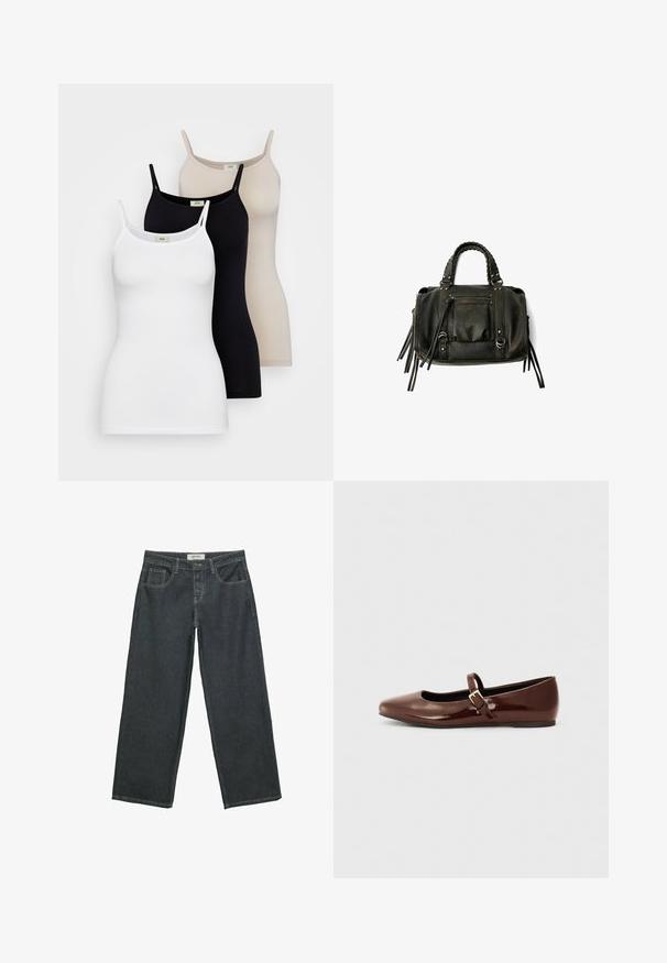 Trzy damskie topy na ramiączkach w kolorze białym, czarnym i cielistym. Wykonane z gładkiej bawełny, posiadają cienkie ramiączka i dopasowany krój.; Ciemnoszare dżinsy typu wide-leg z denimu, z wysokim stanem, pięcioma kieszeniami i widocznym szwem wzdłuż szwów.; Brązowe lakierowane baletki z kwadratowym noskiem i paskiem z małą złotą klamrą. Gładka tekstura, niski obcas i minimalistyczny design.; Czarna skórzana torebka z plecionymi uchwytami, kieszenią na zamek i zawieszkami. Teksturowana powierzchnia z metalowymi ćwiekami i akcentami ze stali.
