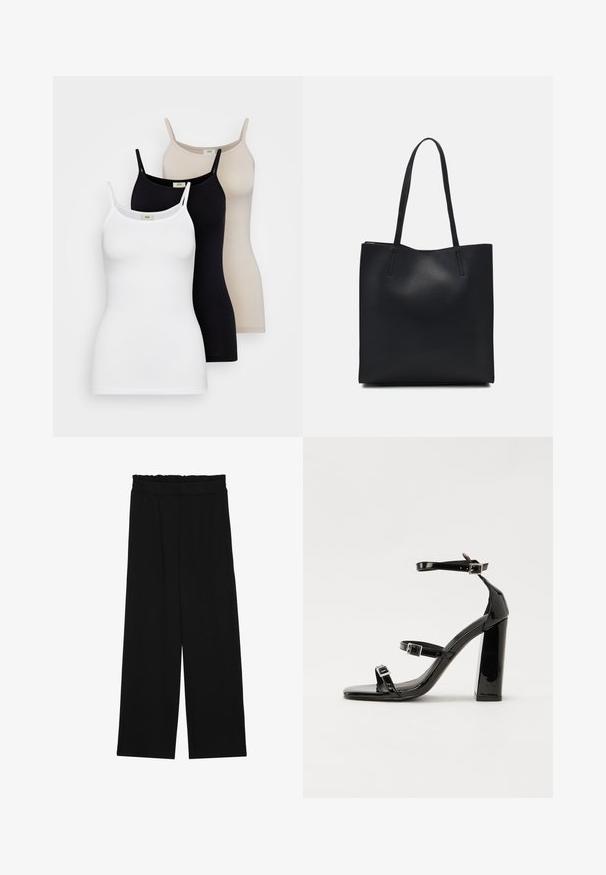 Trije ženski topi v belem, črnem in golobem odtenku. Narejeni iz gladkega bombaža, imajo tanke naramnice in prilegajoč dizajn.; Črne široke hlače s nabranim pasom, ki imajo dva stranska žepa in so izdelane iz gladkega, lahkega blaga. Brez vidnih vzorcev ali kovinskega okova.; Črne lakirane sandale s peto, kvadratnim prstom, trakovi okrog gležnja in srebrnimi zaponkami. Opremljene so s stabilno Debelo peto.; Črna usnjena torba s svilnato teksturo, pravokotne oblike in dvema dolgima ročajema. Brez vidnih metalnih delov ali okrasnih elementov.