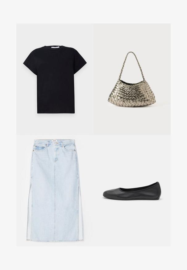 Iro TABITHA - T-paita - black; Vaaleansininen farkkumaxi-hame, jossa on suora leikkaus, sivuaukot ja viisitaskumallinen muotoilu. Korostetut saumat ja metallinappikiinnitys.; Musta nahkainen ballerina, jossa on pyöristetty kärki, sileä pinta, minimaalinen ommelkoristelu ja joustava pohjamuotoilu.; Metallinen kudottu käsilaukku kolmiomaisella muotoilulla, jossa on punottu hihna ja samettivuorattu sisus. Väri: hopea. Kosti: sileä ja kankaanomainen.