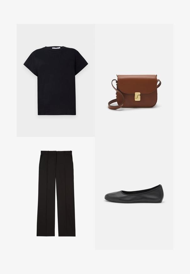 Iro TABITHA - Tricou basic - black; Pantaloni negri, croiți, confecționați dintr-un material neted, cu un design drept și două buzunare laterale. Construcție elegantă și minimalistă.; Balerini din piele neagră, cu vârf rotund, textură netedă, detalii de cusătură minimale și un design al tălpii flexibil.; Geantă de piele maro cu închidere tip capac, accesorii de culoare aurie, curea de umăr și o textură netedă. Formă compactă și rectangulară.