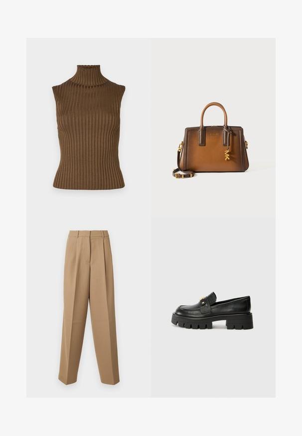 Bruin geribd, mouwloos coltruitje met een aansluitende pasvorm en een hoge hals. Gemaakt van een getextureerde gebreide stof.; Beige op maat gemaakte broek met een hoge taille, geplooide voorkant en wijde pijpen. De stof lijkt glad met een lichte glans.; Zwarte leren instappers met een chunky zool, met een goudkleurige accent aan de voorkant en een gladde afwerking. Chunky profielontwerp op de zool.; Bruine lederen handtas met dubbele bovenhandvatten, een afneembare schouderriem, gouden hardware en een decoratieve charm met de letters "MK."