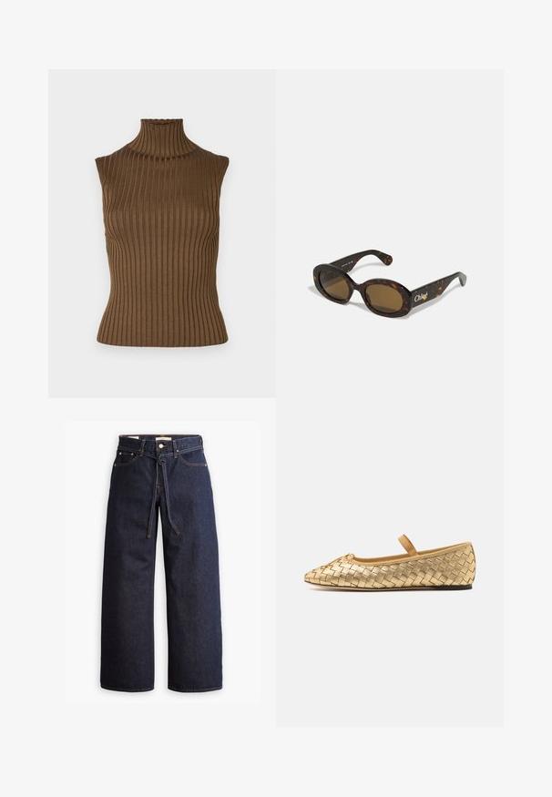 Brown ribbed turtleneck sleeveless top with a fitted silhouette and high collar. Made of a textured knit fabric.; Wide-leg dark blue denim jeans with a high waist, featuring a drawstring tie, five pockets, and contrasting stitching details.; Loeffler Randall LEONIE SOFT BALLET FLAT - Ankle strap ballet pumps - gold; Tortoiseshell sunglasses with oval frames, brown tinted lenses, and "Chloé" branding on the arm. Smooth plastic material with glossy finish.