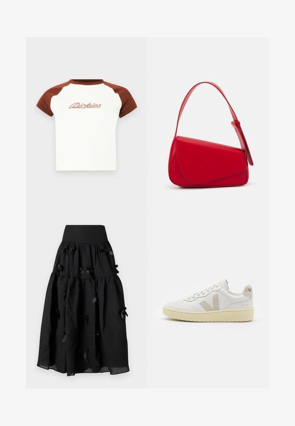 Lühikeste varrukatega t-särk valge kehaga ja pruuni raglanvarrukatega. Rinnal on stiliseeritud niidiga "Dickies" kiri. Sile tekstuur.; Sister Jane BIRDIE BOW MIDI SKIRT - A-lõikeline seelik - black; Valge nahast tenniseking, millel on beežist siidist aktsent ja aukudega varvas, lame paelad ja tekstureeritud koorevärvi tallad. Omab nüansirikast brändimist kannal.; Punane nahast käekott, millel on nurkadega geomeetriline disain. Omab ühte reguleeritavat rihma ja klappidega sulgemist, millel on õmblustega kaunistused.