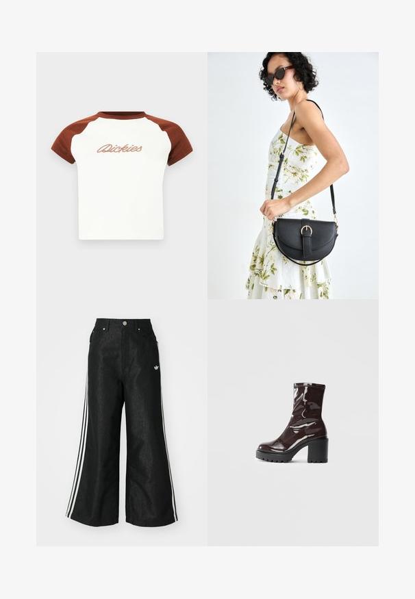 T-shirt med korte ærmer med hvid krop og brune raglanærmer. Har "Dickies" i stiliseret syning på tværs af brystet. Glat tekstur.; Sorte vide denim bukser med tre hvide striber på hver side og et lille hvidt logo. Indeholder forlommer og en knaplukning.; Glatte burgunder ankelstøvler med en chunky sort hæl, der har en glat tekstur og et simpelt design. Ingen synlige lukninger eller mønstre.; Sort læderhåndtaske med en buet form, aftagelig rem og guldfinish. Tasken har en klap med en spænde detalje.