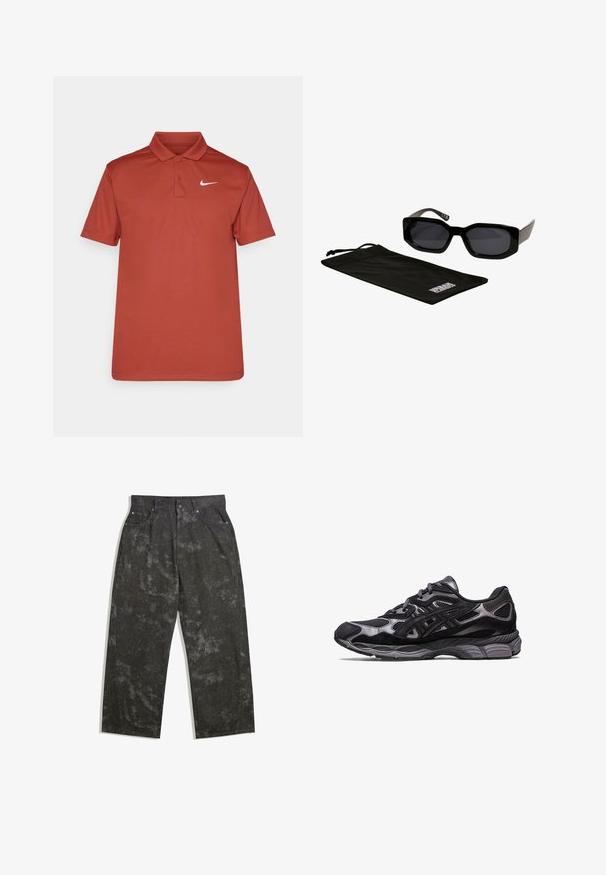 Rode polo shirt gemaakt van gladde stof, met een klassieke kraag en drie knoppen, met een wit Nike-logo op de linkerkant van de borst.; Donkergrijze denim broek met een losse pasvorm, voorzien van subtiele gemarmerde patronen en metalen hardware accenten. Vijfzakkenontwerp.; Zwarte sportschoen met een bovenwerk van mesh en suede, met een gestructureerd ontwerp en een robuuste, gewatteerde grijze zool.; Zwarte zonnebril met hoekige, oversized monturen en donkere lenzen, vergezeld van een zwarte microfiber zak met een logo erop.