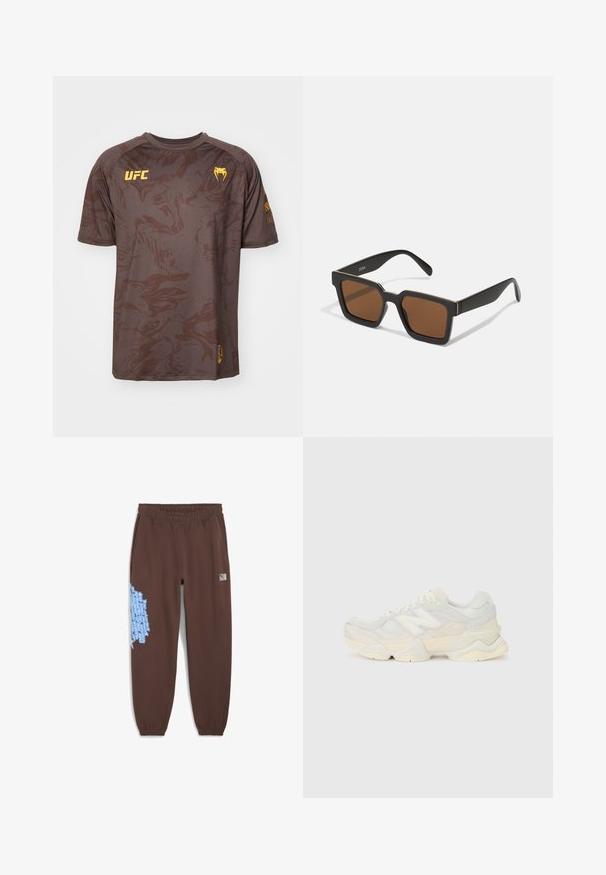 Ruskea lyhythihainen t-paita, jossa on pyörteellinen kuvio, UFC-logo keltaisena vasemmassa rinnassa ja lisälogo oikeassa hihassa.; Ruske hlače za trčanje s elastičnim pojasom, koje imaju plavi grafički tekst na lijevoj nozi i malu oznaku loga na desnom kuku.; Kevyt lenkkari, jossa on verkko- ja mokkanahkapinta pehmeissä kerman sävyissä, chunky-pohja ja kolmiulotteiset yksityiskohdat.; Mustat neliönmuotoiset aurinkolasit ruskeilla linsseillä, joissa on matta pinta ja kultaiset yksityiskohdat kehyksetissä. Suunnittelu on kulmikas ja leveillä sivuilla.