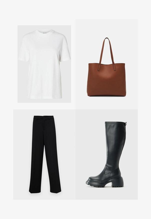 White cotton t-shirt with short sleeves and a round neckline. Features a relaxed fit and minimal design with no patterns or accents.; Black wide-leg trousers made of smooth fabric, featuring a classic waistband with a button closure and front pleats.; Tall black leather boot with chunky platform sole and block heel, featuring pull tab and textured tread on outsole.; Brown leather tote bag with a smooth texture, open top design, and two shoulder straps. Features minimal stitching and no visible hardware.