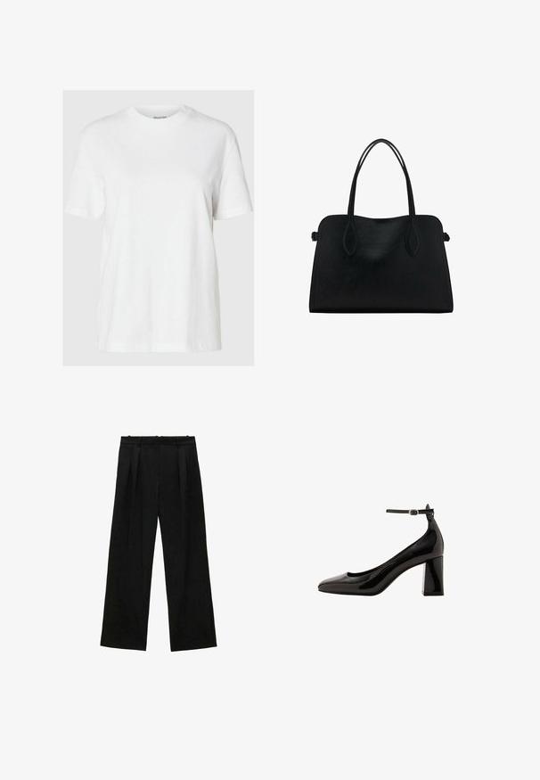 Bijela pamučna majica s kratkim rukavima i okruglim izrezom. Ima opušteni kroj i minimalistički dizajn bez uzoraka ili detalja.; Crne široke hlače s plisama, s glatkom teksturom i visokim strukom. Minimalistički stil, bez vidljivih metalnih dijelova ili ukrasa.; Crne lakirane cipele s remenom oko gležnja i sjajnom završnom obradom, s šiljastim vrhom i debelim blok-potpeticom. Glatka tekstura, minimalno detalja.; Crna kožna torba s dvostrukim naramenicama, pravokutnog oblika i minimalističkim dizajnom na bijeloj pozadini.